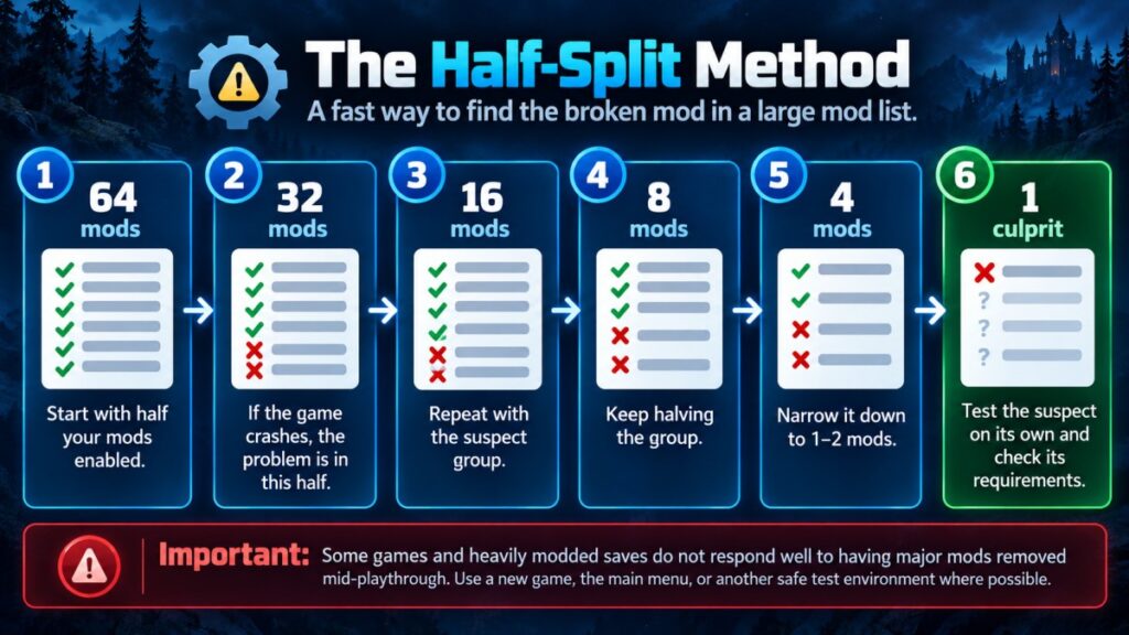 Half-split mod troubleshooting diagram showing how to narrow a large mod list down to one suspected broken mod