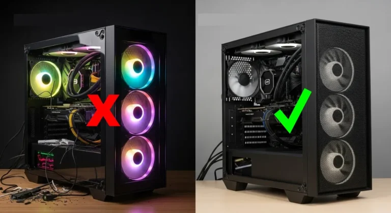 Cheap gaming PC mistakes shown by flashy RGB prebuilt vs balanced airflow gaming PC build