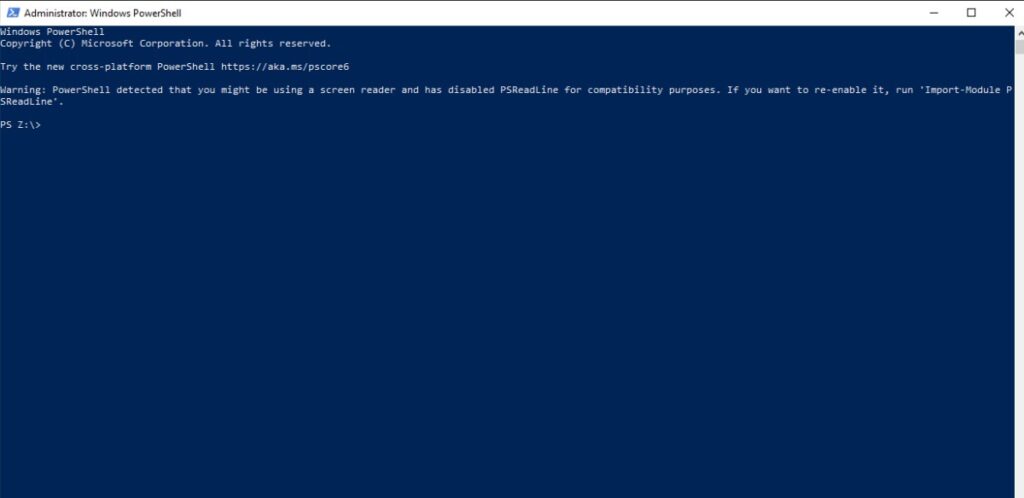 Windows PowerShell interface running commands