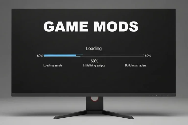 realistic PC game loading screen with progress bar and initialization messages
