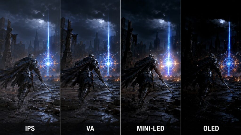 IPS, VA, Mini-LED and OLED gaming monitor comparison showing black levels, dark trailing, brightness and blooming