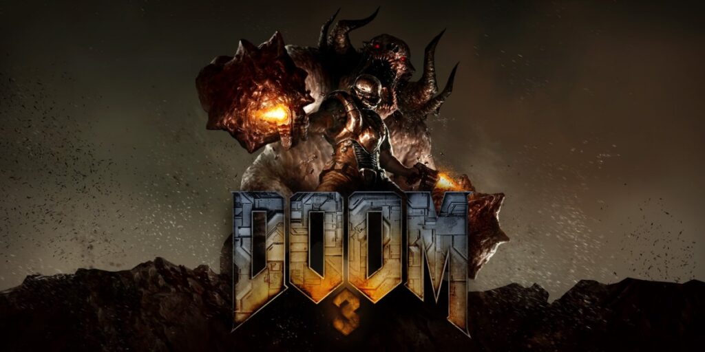 Doom 3 cover art, a darker atmospheric shooter that can be tuned for low-end PCs
