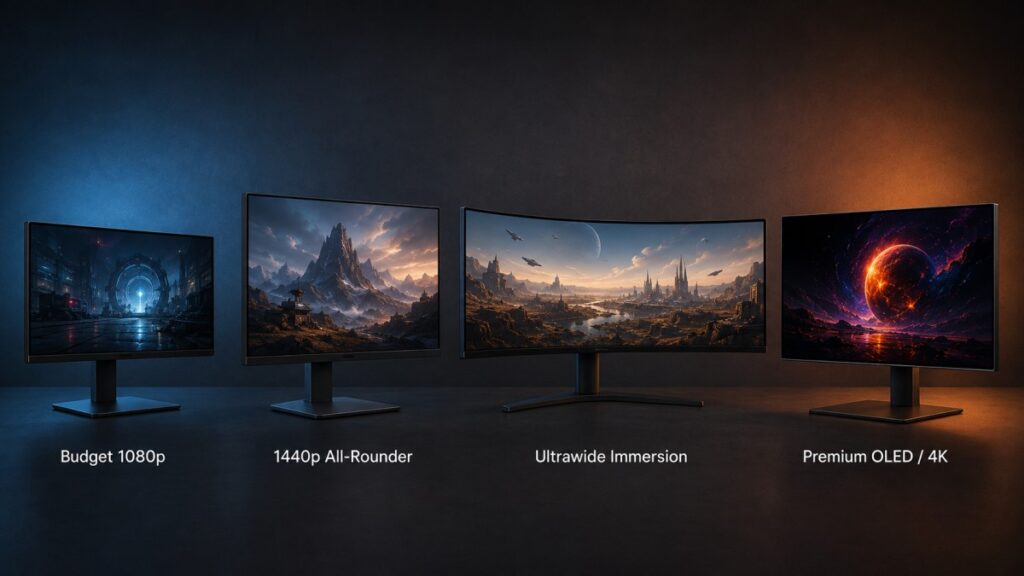 Four gaming monitor types showing budget 1080p, 1440p all-rounder, ultrawide immersion and premium OLED or 4K choices