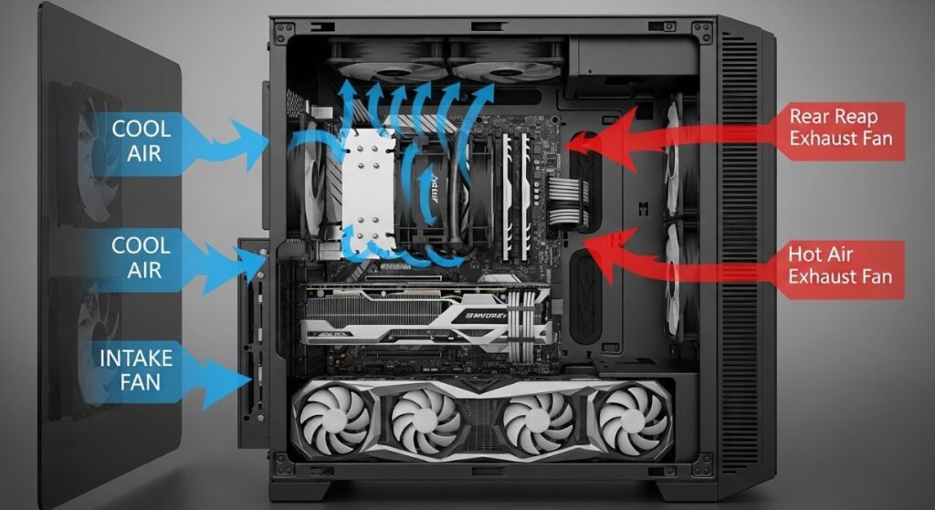 PC airflow case showing front mesh design and fan placement for better cooling