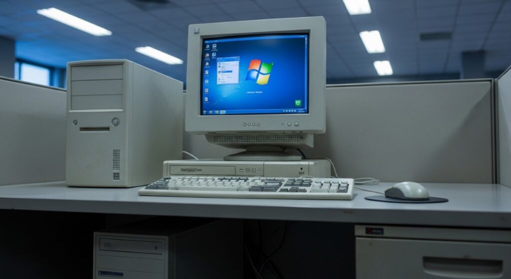 old 2002 office computer with crt monitor and beige pc tower