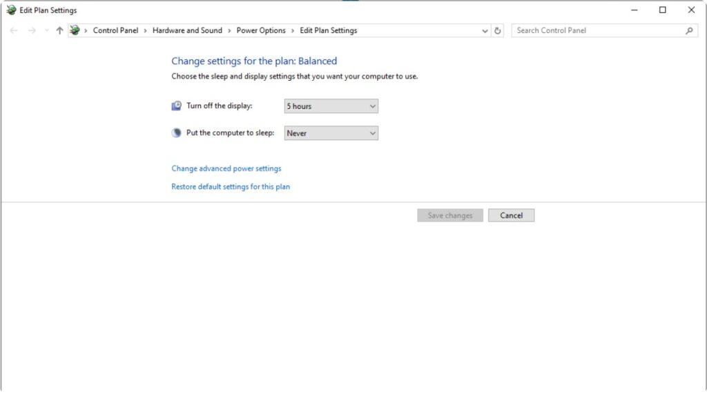 windows power plan settings set to high performance