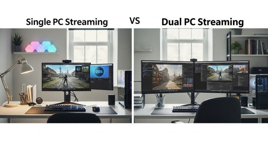 comparison between single PC streaming setup and dual PC streaming setup in an office environment