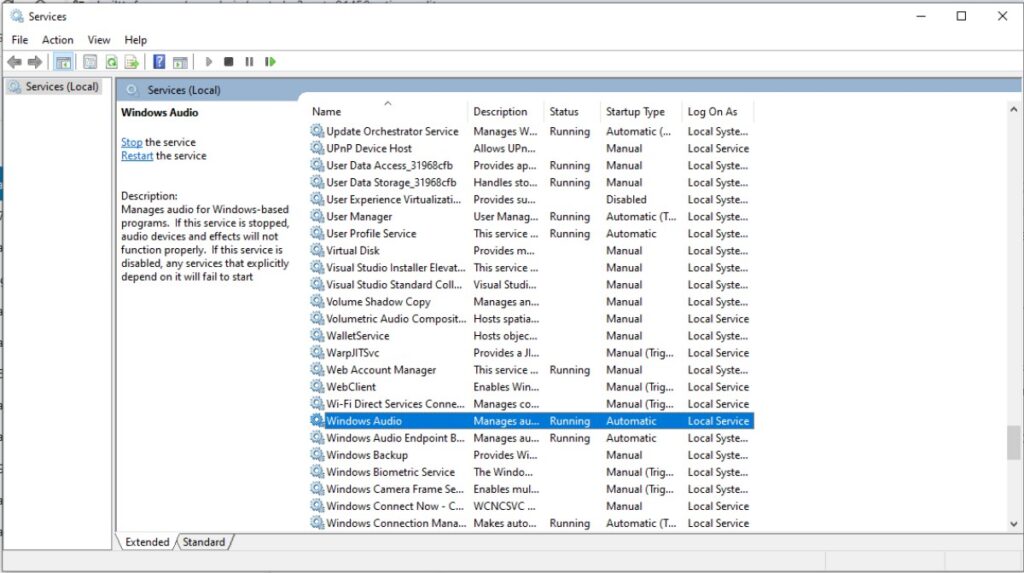 windows audio service restart option in services manager