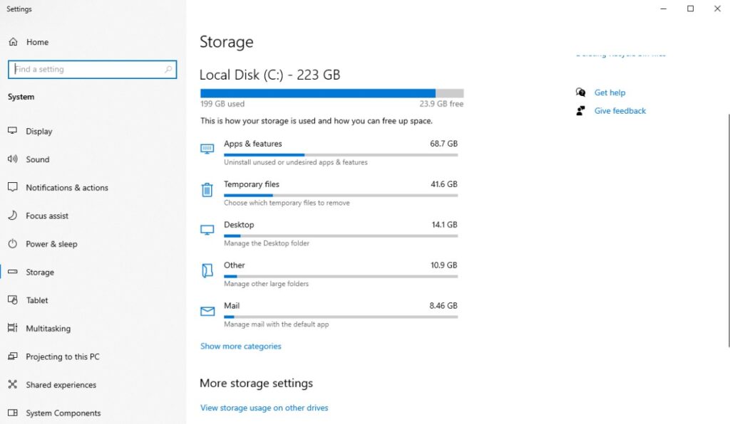 Windows storage settings showing disk space usage breakdown
