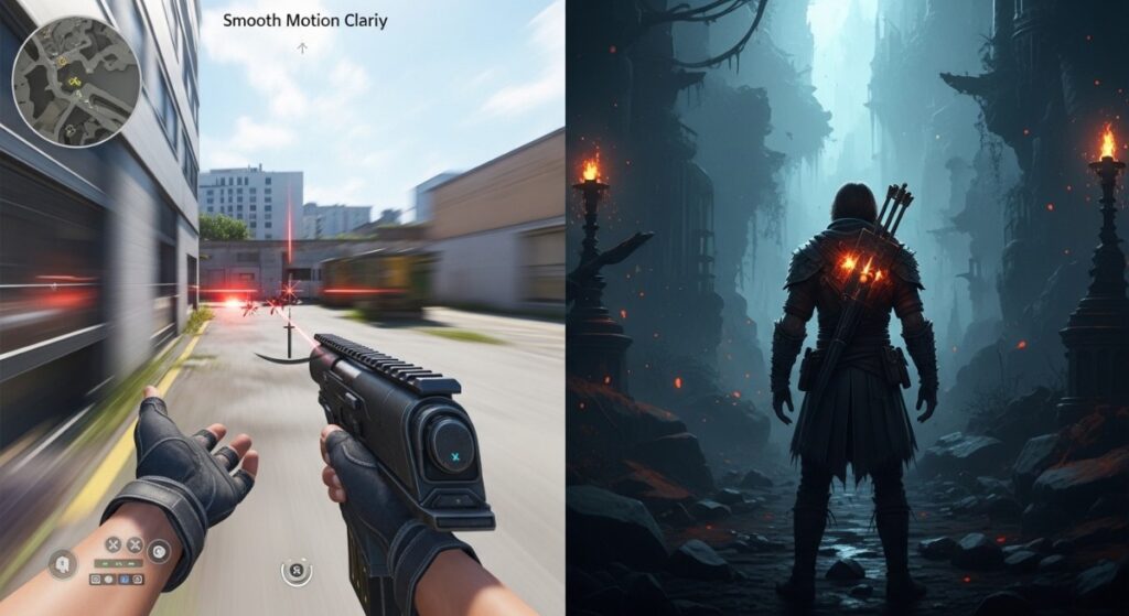 Fast competitive game and cinematic RPG showing different gaming monitor priorities