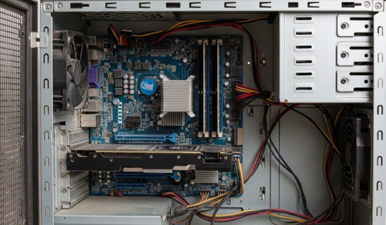 old low end pc interior showing outdated components and limited upgrade potential
