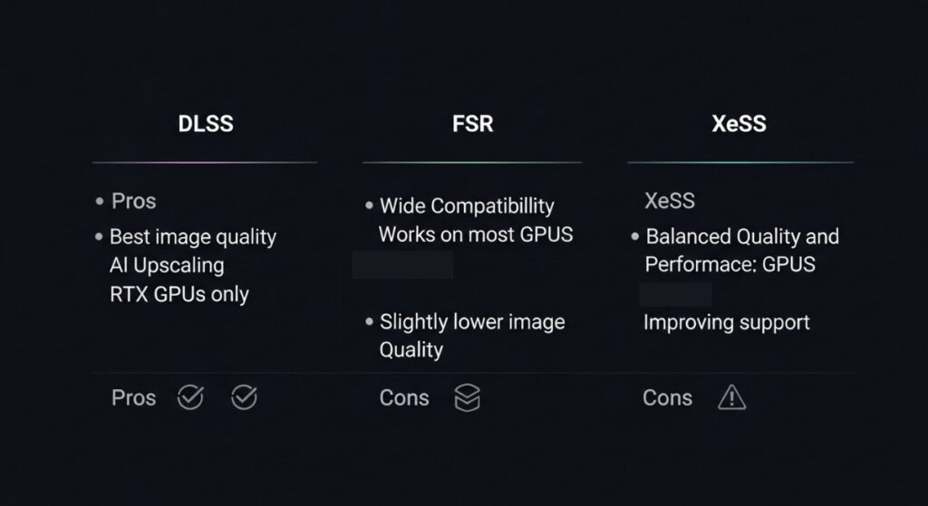 dlss vs fsr vs xess quick comparison table