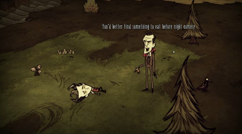 Don’t Starve character gathering resources in the hand-drawn survival world
