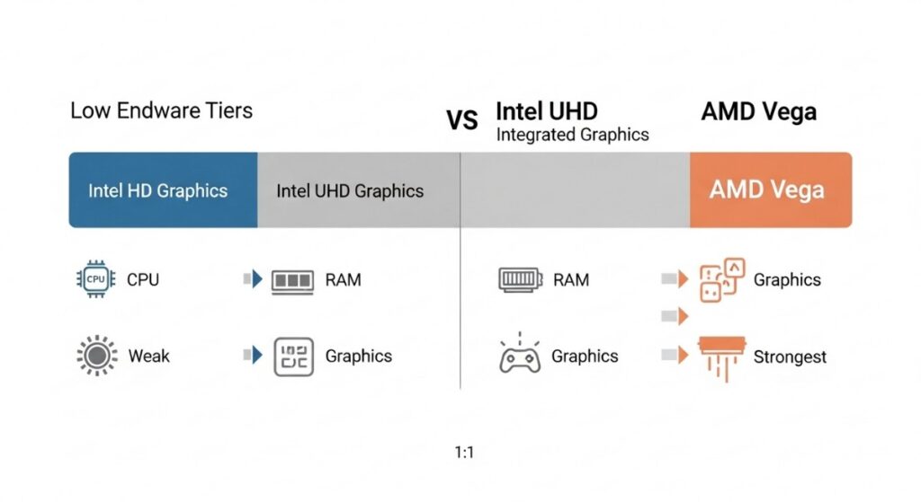 Low-end PC hardware tiers comparing Intel HD, Intel UHD and AMD Vega integrated graphics