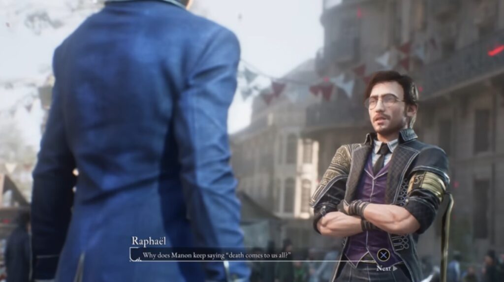 Games Like Clair Obscur - Claire speaking to Raphael during an emotional story moment in Clair Obscur