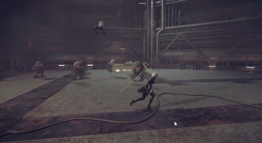 NieR Automata action scene featuring fast-paced combat against enemy machines