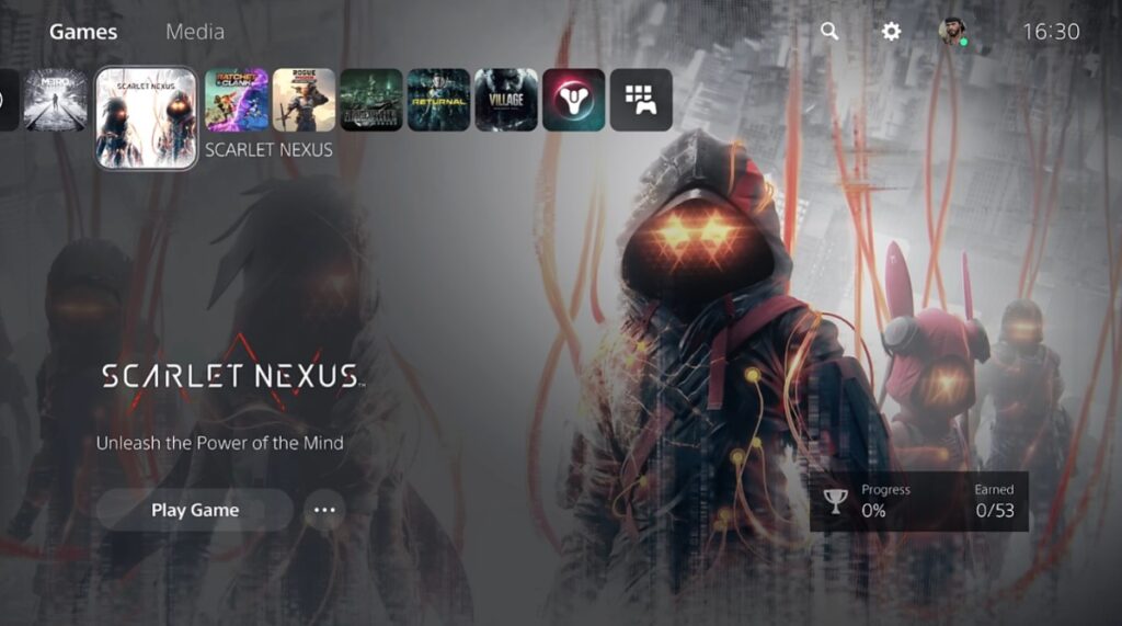 Scarlet Nexus opening screen showing the game’s futuristic anime-style presentation
