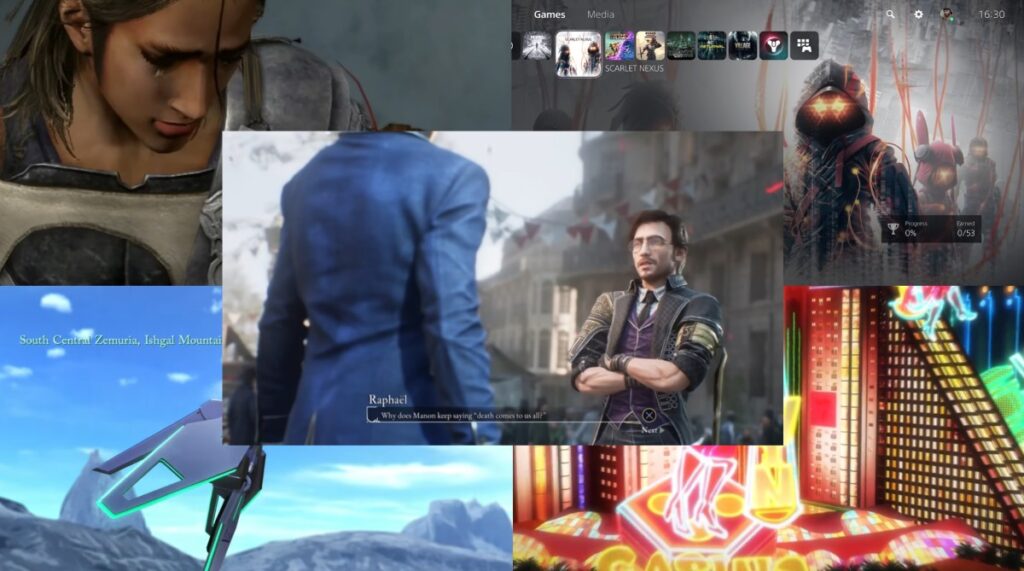 Collage of RPG games similar to Clair Obscur surrounding a central Clair Obscur gameplay screenshot