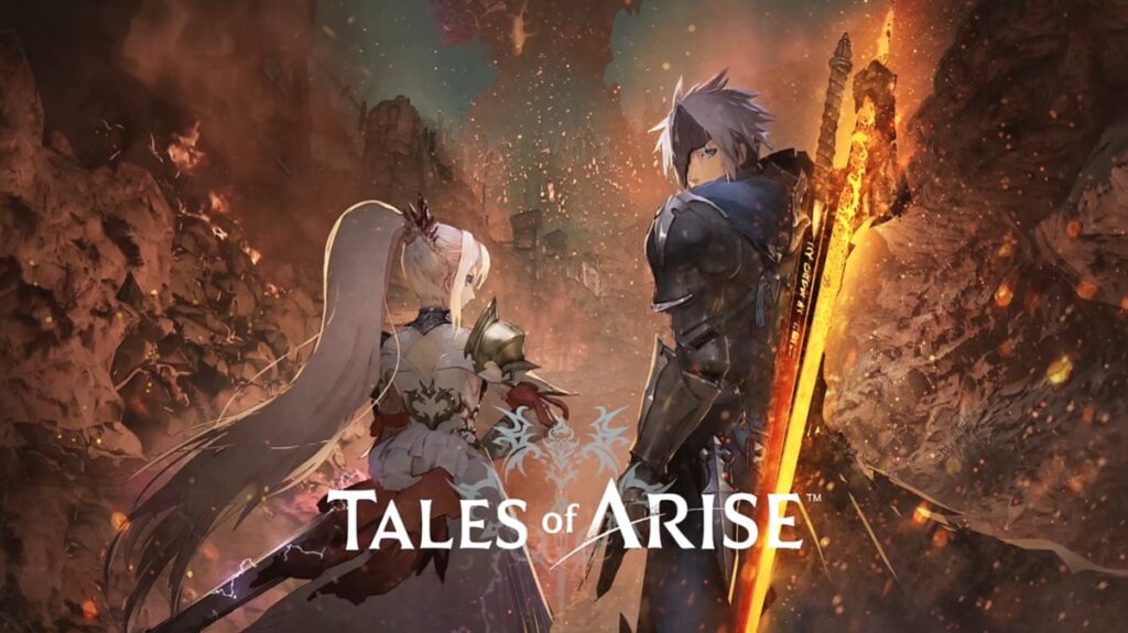 Tales of Arise opening screen featuring the main characters and fantasy world