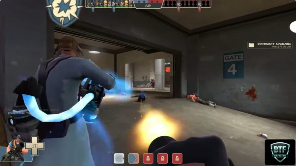 Team Fortress 2 class-based multiplayer gameplay on an older low-end PC