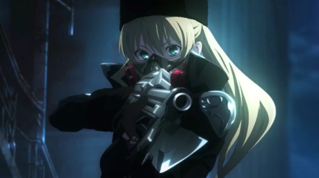 Code Vein opening scene with a female character aiming a rifle in a ruined city