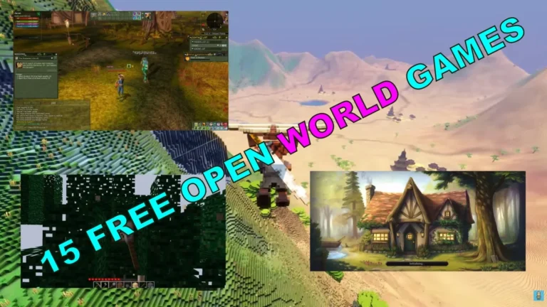 Collage of five free open world games that run well on low-end PCs, including MMORPGs, sandbox, and survival games.