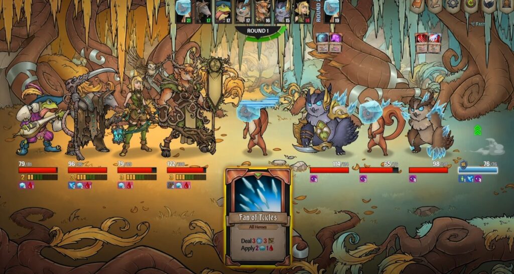 Across the Obelisk gameplay showing party-based deckbuilding combat