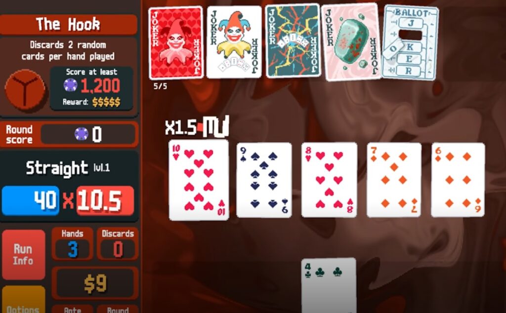 Balatro gameplay showing poker-based roguelike deckbuilding mechanics