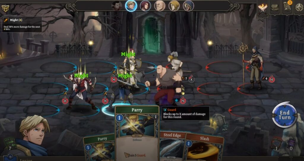 Gordian Quest gameplay showing party-based deckbuilding and tactical combat