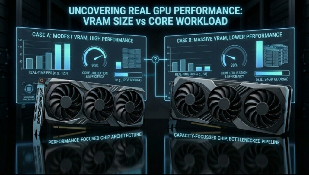 Side-by-side comparison of two graphics cards with different VRAM capacities and benchmark-style performance overlays, showing that gaming performance depends on more than memory size alone.