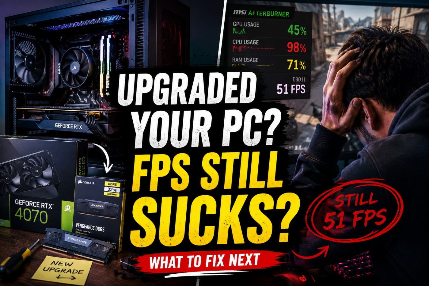 gamer frustrated after a pc upgrade failed to improve gaming fps