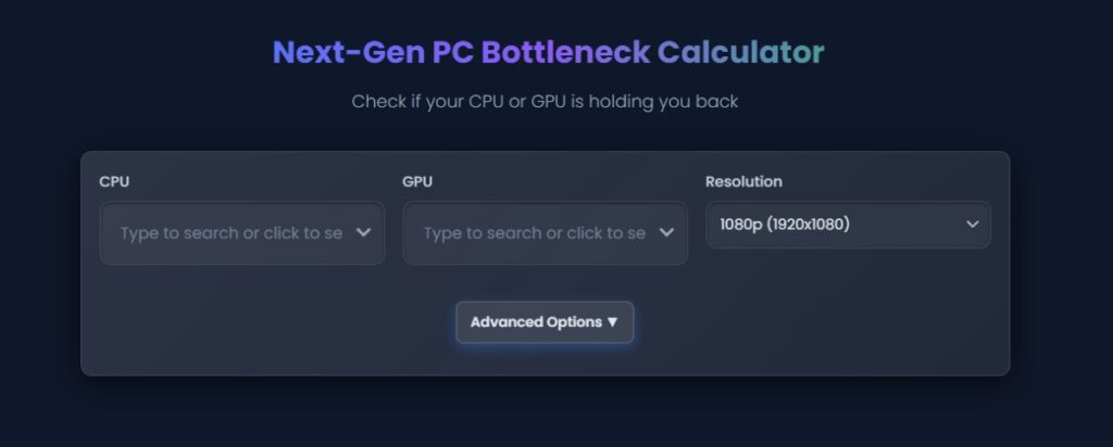Online gaming PC bottleneck calculator comparing CPU and GPU compatibility.