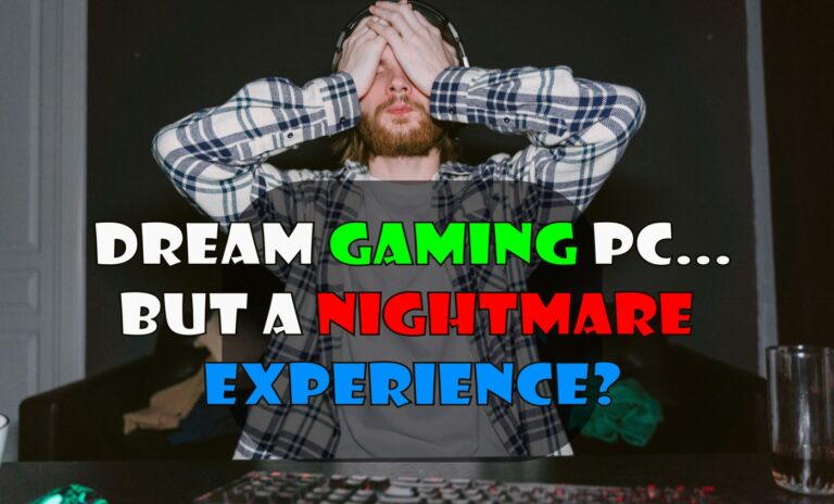 High-end gaming PC with a crashed game on the monitor while a frustrated gamer sits at the desk.