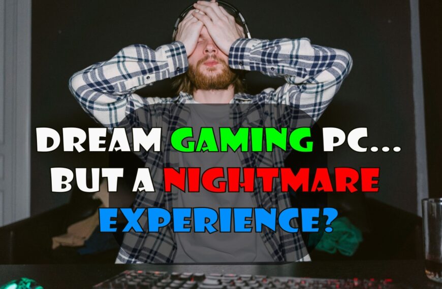 High-end gaming PC with a crashed game on the monitor while a frustrated gamer sits at the desk.