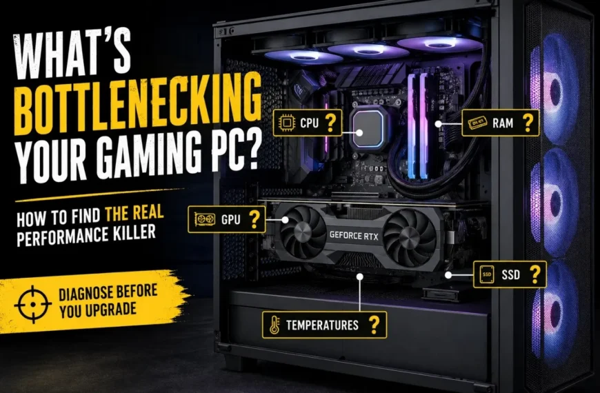 Desktop gaming PC with labeled CPU, GPU, RAM, SSD and temperature callouts used to explain how to tell what's bottlenecking your gaming PC.