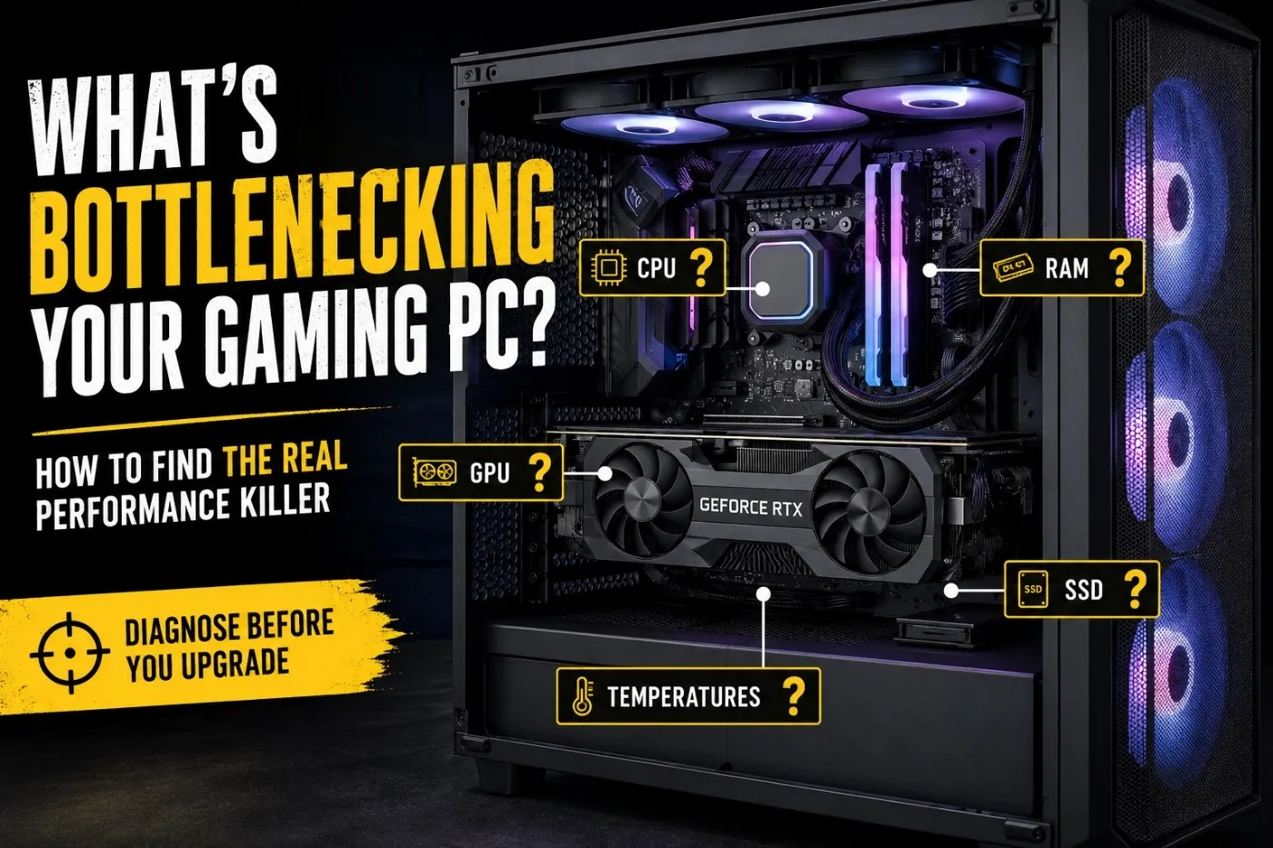 Desktop gaming PC with labeled CPU, GPU, RAM, SSD and temperature callouts used to explain how to tell what's bottlenecking your gaming PC.