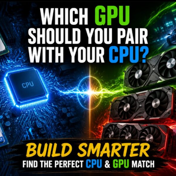 Modern gaming PC concept showing a balanced CPU and GPU pairing with processors on the left, graphics cards on the right, and a glowing connection between them.