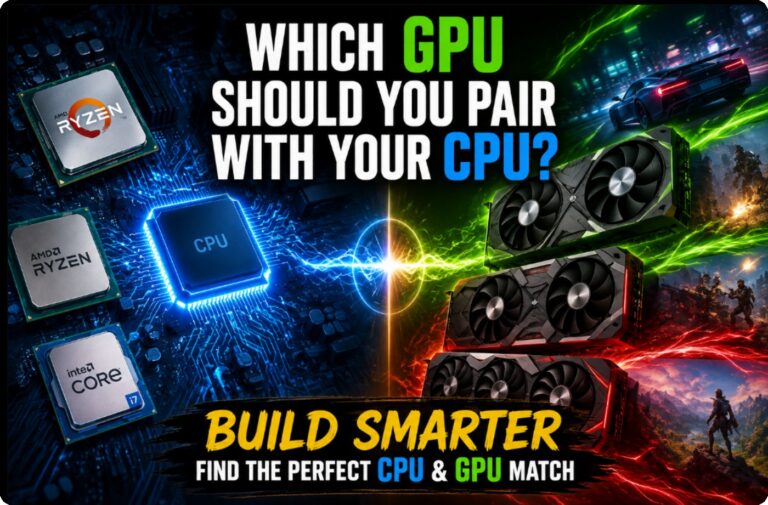 Modern gaming PC concept showing a balanced CPU and GPU pairing with processors on the left, graphics cards on the right, and a glowing connection between them.
