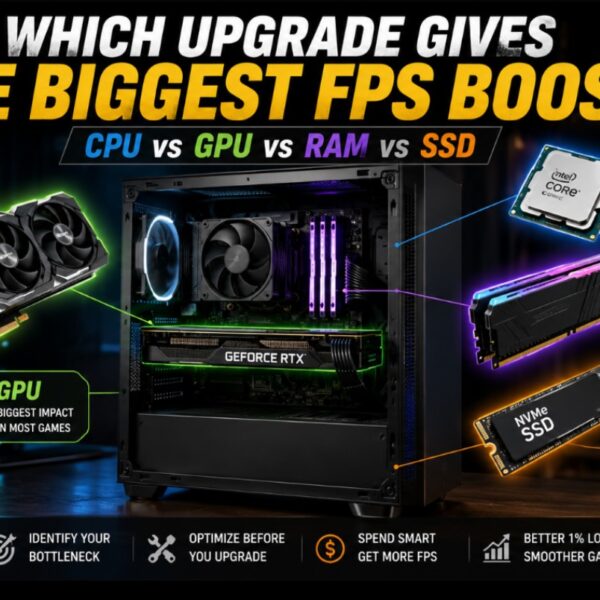 Which PC upgrade gives the biggest FPS boost comparison showing a gaming PC with highlighted GPU, CPU, RAM and SSD components, illustrating how different hardware upgrades affect gaming performance.