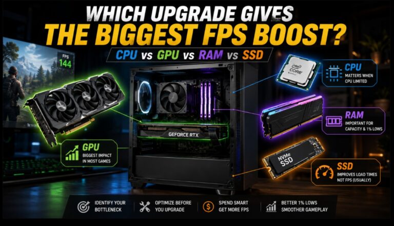 Which PC upgrade gives the biggest FPS boost comparison showing a gaming PC with highlighted GPU, CPU, RAM and SSD components, illustrating how different hardware upgrades affect gaming performance.