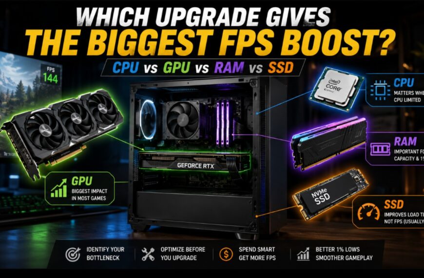 Which PC upgrade gives the biggest FPS boost comparison showing a gaming PC with highlighted GPU, CPU, RAM and SSD components, illustrating how different hardware upgrades affect gaming performance.