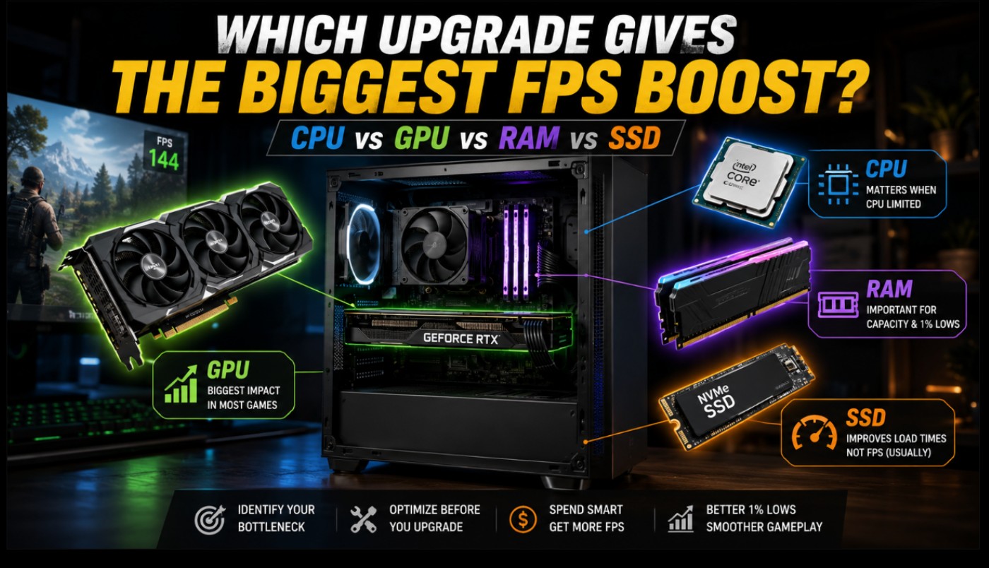 Which PC upgrade gives the biggest FPS boost comparison showing a gaming PC with highlighted GPU, CPU, RAM and SSD components, illustrating how different hardware upgrades affect gaming performance.