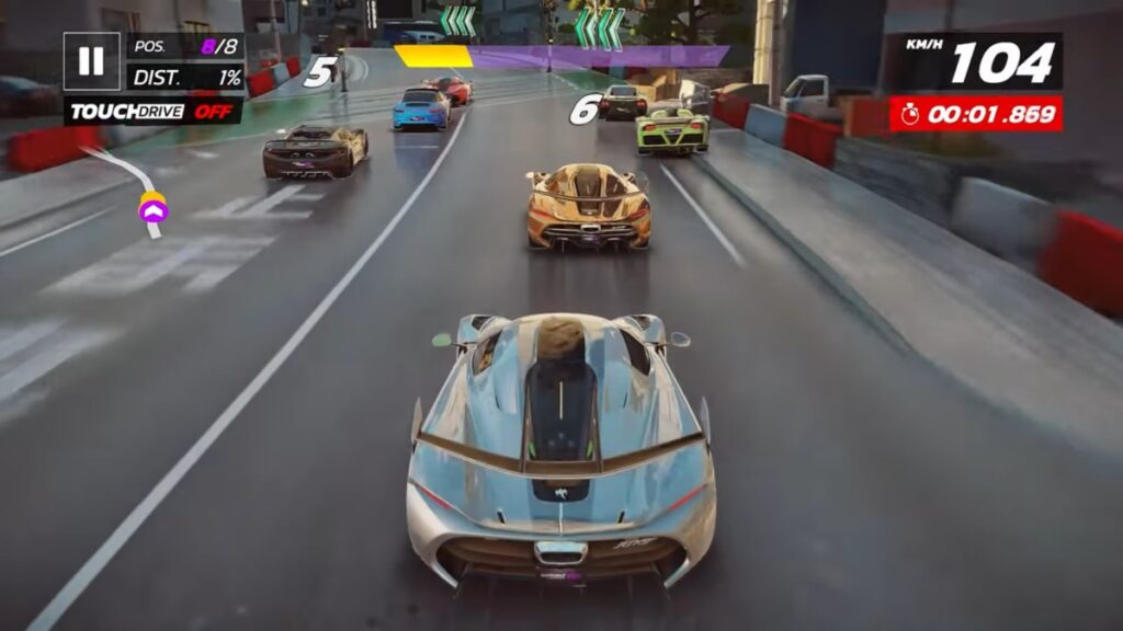 Gameplay screenshot of Asphalt Legends Unite showing a high-speed race with full controller support on PC.