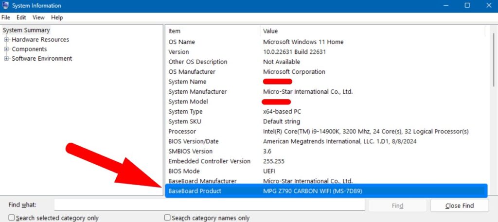Windows System Information window showing the BIOS Version/Date field used to identify the installed motherboard BIOS version.