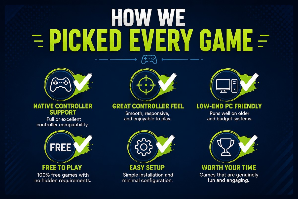 Infographic showing the criteria used to choose the best free controller games for PC, including controller support, gameplay quality, low-end PC compatibility, free-to-play status, easy setup, and overall value.