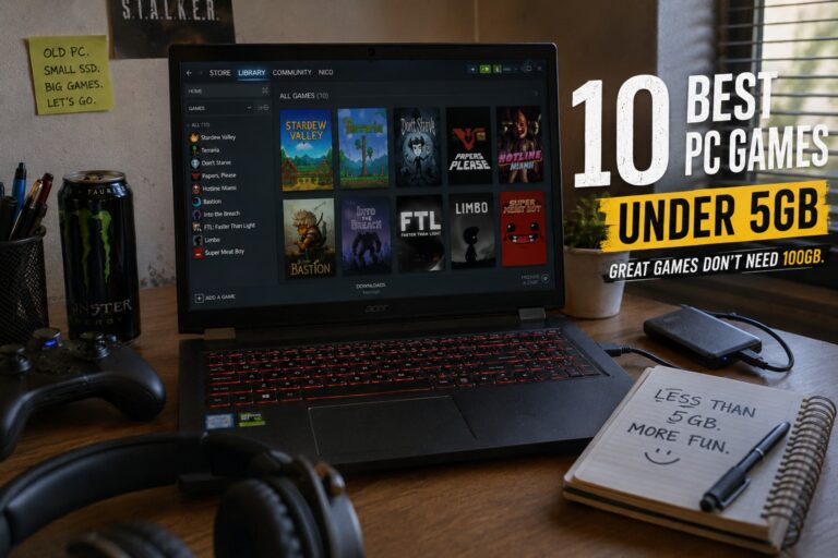 Older gaming laptop showing the best PC games under 5GB alongside a comparison with massive AAA game downloads and limited SSD storage.