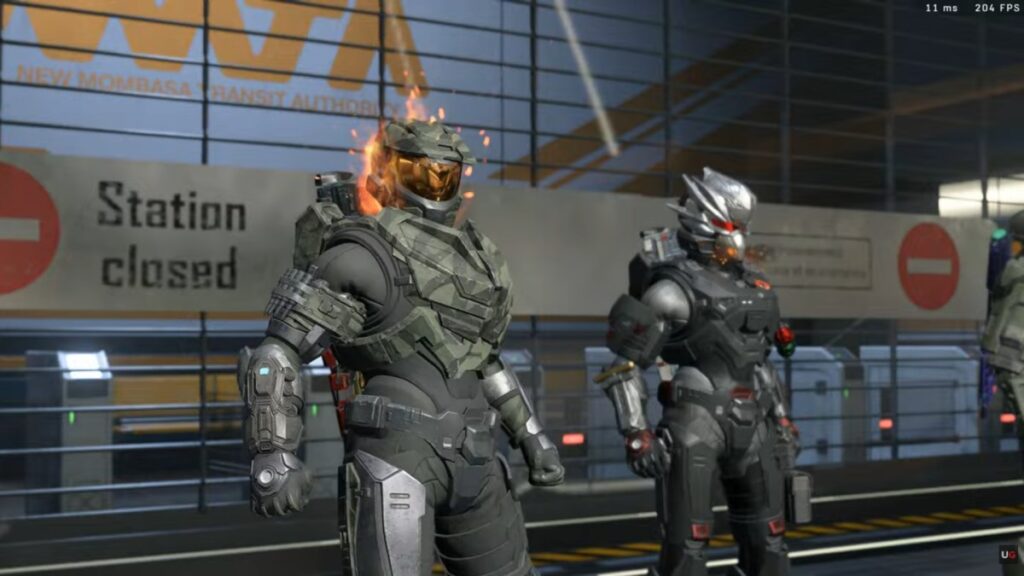 Gameplay screenshot of Halo Infinite Multiplayer showing a first-person combat match with native controller support on PC.