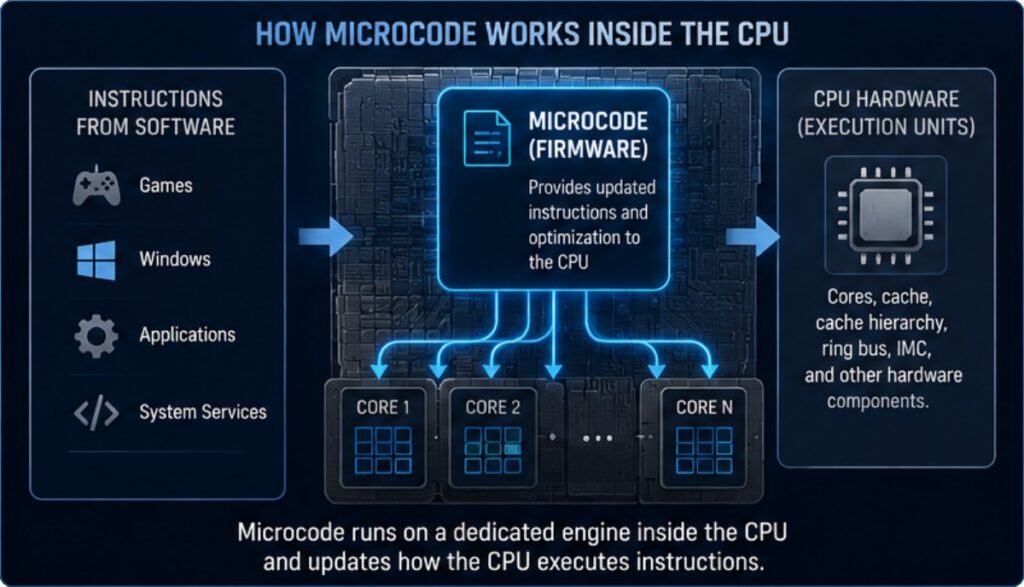 Inel Bios Update - Infographic showing how Intel processor microcode is developed, delivered through BIOS updates, loaded by the CPU during startup, and improves system stability.