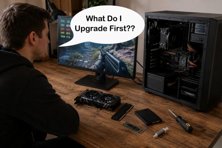 Gamer upgrading an older gaming PC with an SSD, RAM and graphics card beside an open computer case.