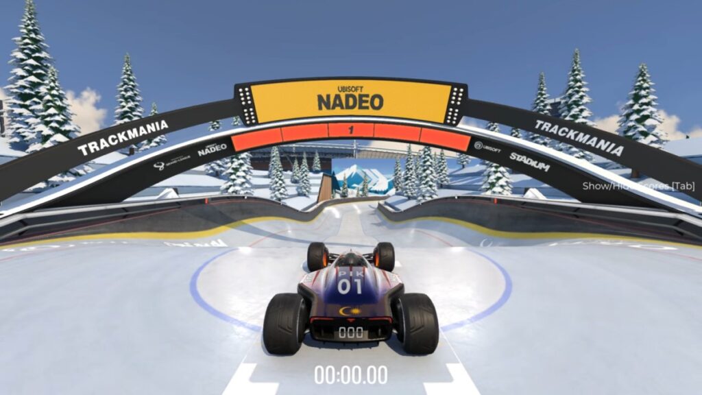 TrackMania Nations Forever car racing through a stadium track in one of the best racing games for low-end PCs